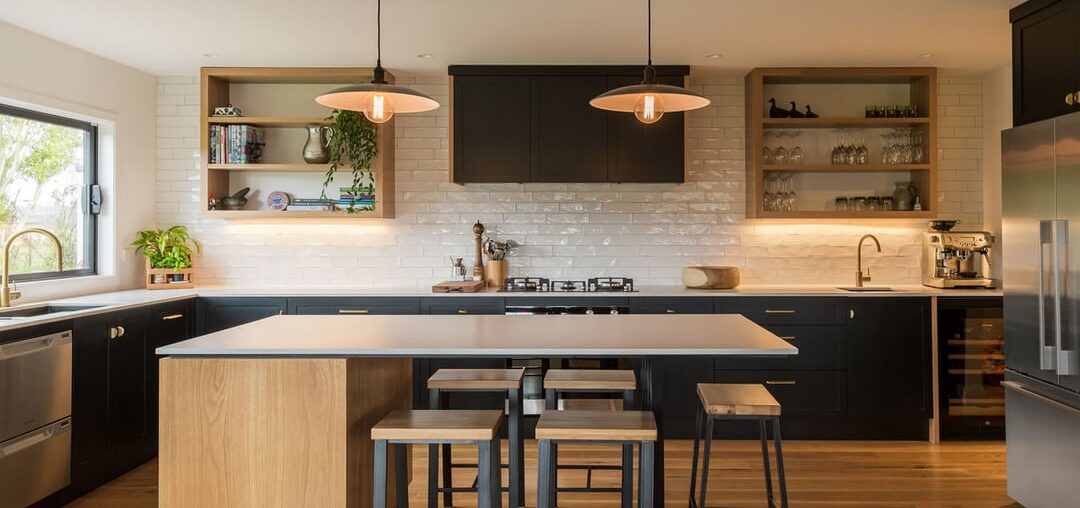 black and brass with oak accents