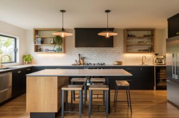 black and brass with oak accents