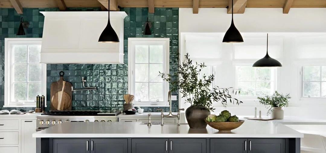 Zellige tile backsplash kitchen under a vaulted ceiling with exposed beams, Calabasas, San Fernando Valley, California