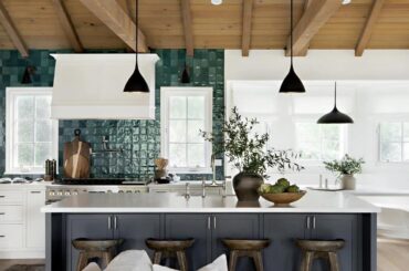 Zellige tile backsplash kitchen under a vaulted ceiling with exposed beams, Calabasas, San Fernando Valley, California