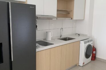 What do you think? Material for this cabinet is MFC (melamine faced chipboard) with quartz stone countertop. It was built up to ceiling height to maximize space and the door is handleless make it look sleek and clean.