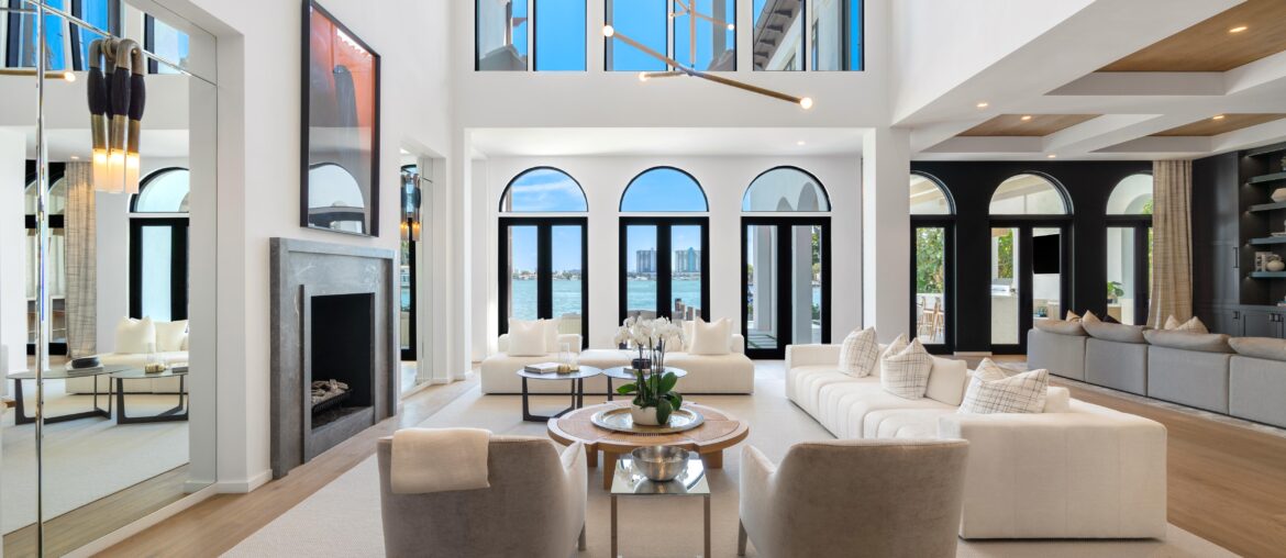 Living Room with Double High Ceiling in Miami Beach, FL Home [5000×3333]