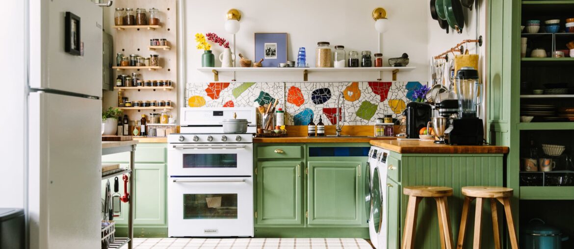 Apartment kitchen with a DIY mosaic backsplash in Williamsburg, Brooklyn, New York City [2500x1667]