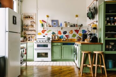 Apartment kitchen with a DIY mosaic backsplash in Williamsburg, Brooklyn, New York City [2500x1667]