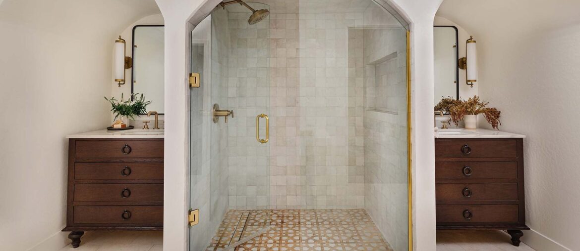 Arched vanity nook on both sides of a shower in a Spanish Revival residence, Scottsdale, Arizona [1800x1200]
