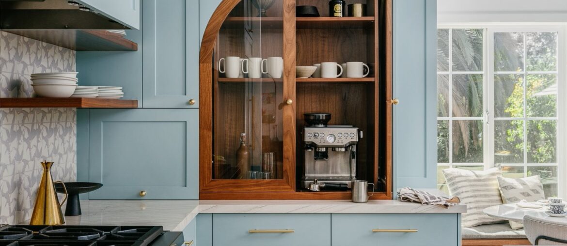 Built-in arched coffee station in a light blue cabinetry kitchen, San Carlos, San Mateo County, California [1500x2000]