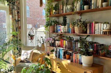 Reading corner surrounded with houseplants, Ontario, Canada [1440x1799]