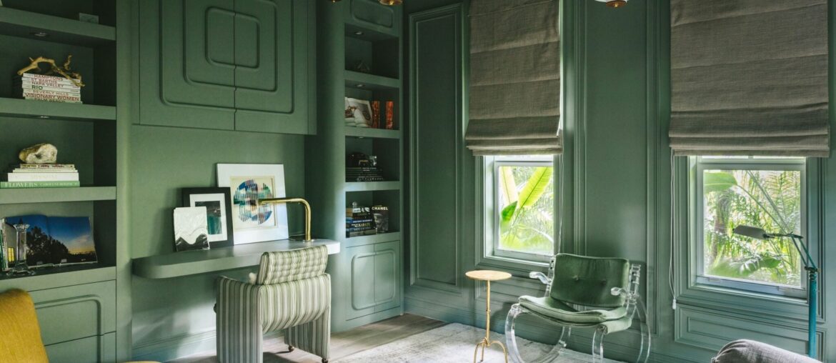 Card Room Green (Farrow & Ball) Office by Gillian Segal Design, Palm Beach, FL [2048 x 1365]