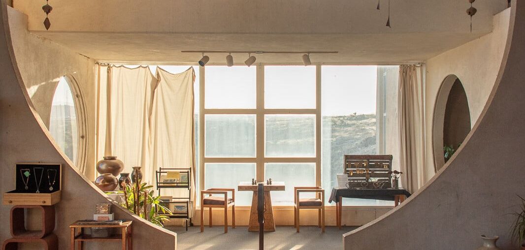 Vast circular walkways in Arcosanti's interiors [1066 x 1600] Arizona, USA.