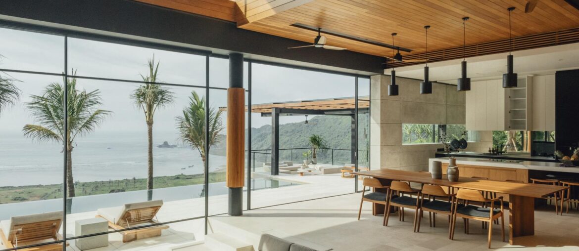 Open plan kitchen, dining, and living with balcony pool overlooking beach[2000 x 1333] Lombok, Indonesia