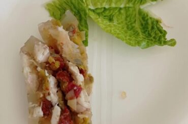 Terrine de bar, spaghettis gorgonzola et biscuit Joconde, sabayon cognac julienne de Granny Smith