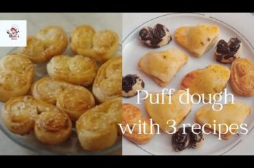 puff dough with 3 different recipes| french heart |chicken patties | chocolate twist