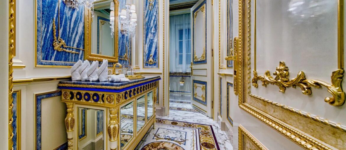 Ornate blue and gold bathroom [1600x1067]