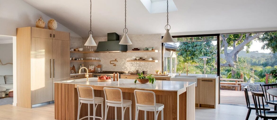 Bright and airy kitchen opening up to the patio in a Montecito ranch house, Santa Barbara County, California [1620x1080]