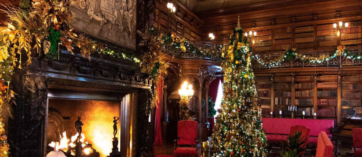 The library at the Biltmore House. There is so much to look at in here- the massive fireplace, the artwork above it, the painting on the ceiling, not to mention the thousands of books. OC- [3265x4898]