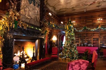 The library at the Biltmore House. There is so much to look at in here- the massive fireplace, the artwork above it, the painting on the ceiling, not to mention the thousands of books. OC- [3265x4898]
