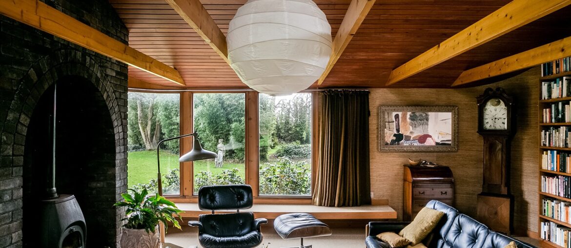 Living space in a modern residence designed by architect Walter Greaves as his family home in 1980, Runcton, Chichester, West Sussex, England [2399x1600]