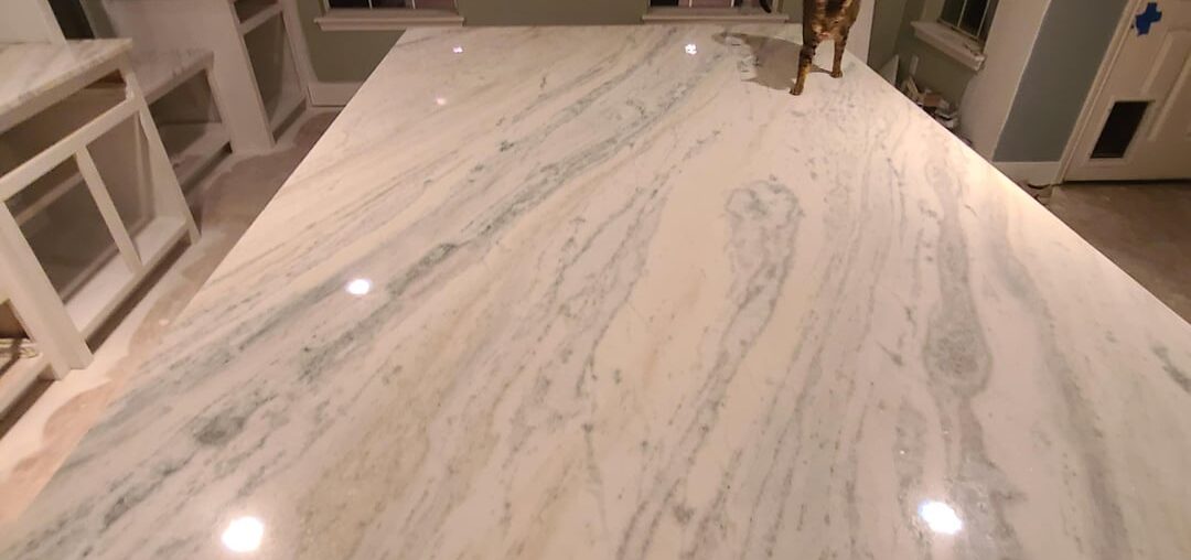 Our quartzite was installed yesterday! This is Mont Blanc Cherry and the island slab is a seamless 5' 8.25" x 8' 3.5". I live in a house on stilts and it took nine people two hours (and three holes in the stairwell walls) to get this beautiful piece installed. Can't wait for the kitchen to be finis