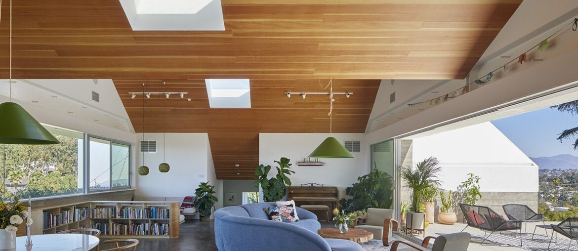Clad ceiling open plan living to balcony overlooking hills [1395 x 793] Los Angeles, CA