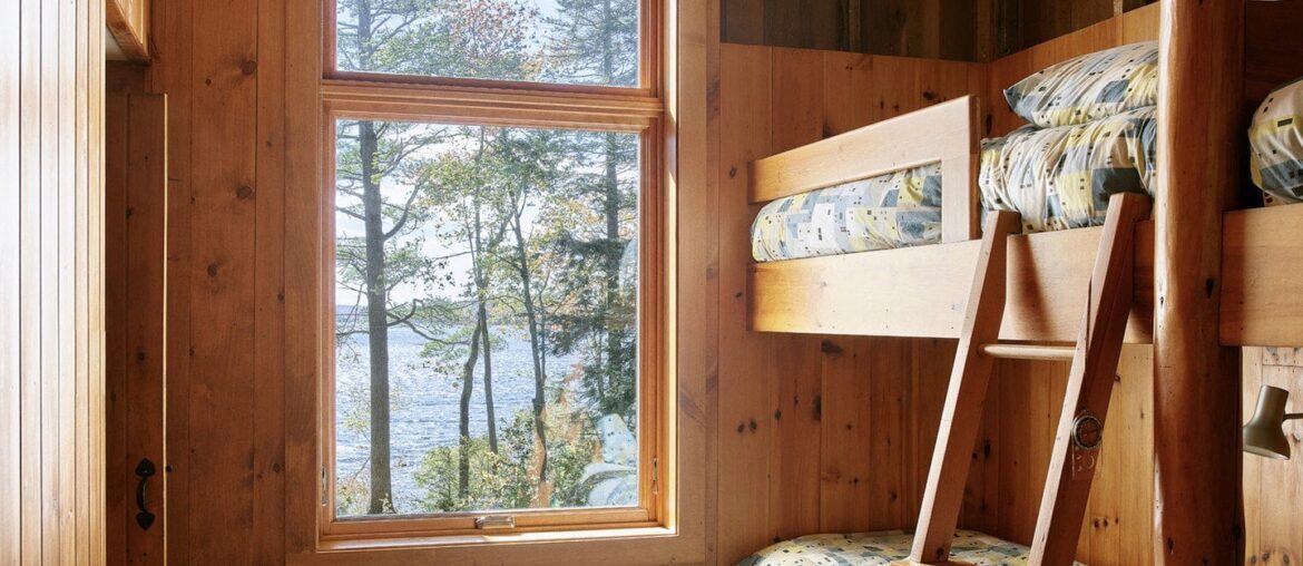 Bunk room with a view in a renovated 1950s lakeside cabin, Monadnock Region, southwestern New Hampshire [1440x1800]