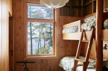 Bunk room with a view in a renovated 1950s lakeside cabin, Monadnock Region, southwestern New Hampshire [1440x1800]