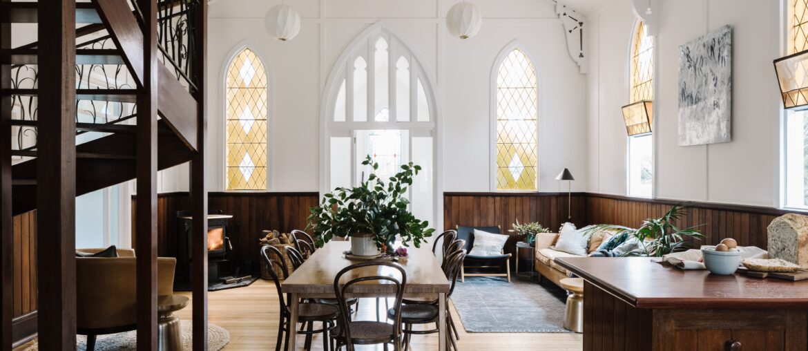 Refurbished 1927 church that was deconsecrated in the 1950s and is now a holiday home, Lyonville, Victoria, Australia [6000x4000]