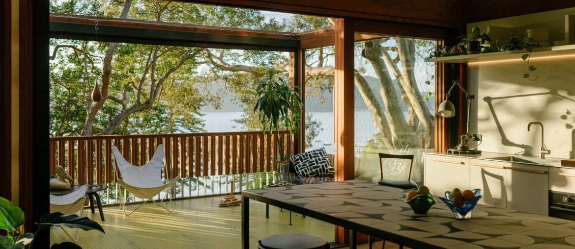Living spaces extending to the deck with views of the water below, Palm Beach, Northern Beaches region of Sydney, New South Wales, Australia [2364x1576]