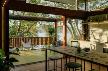 Living spaces extending to the deck with views of the water below, Palm Beach, Northern Beaches region of Sydney, New South Wales, Australia [2364x1576]