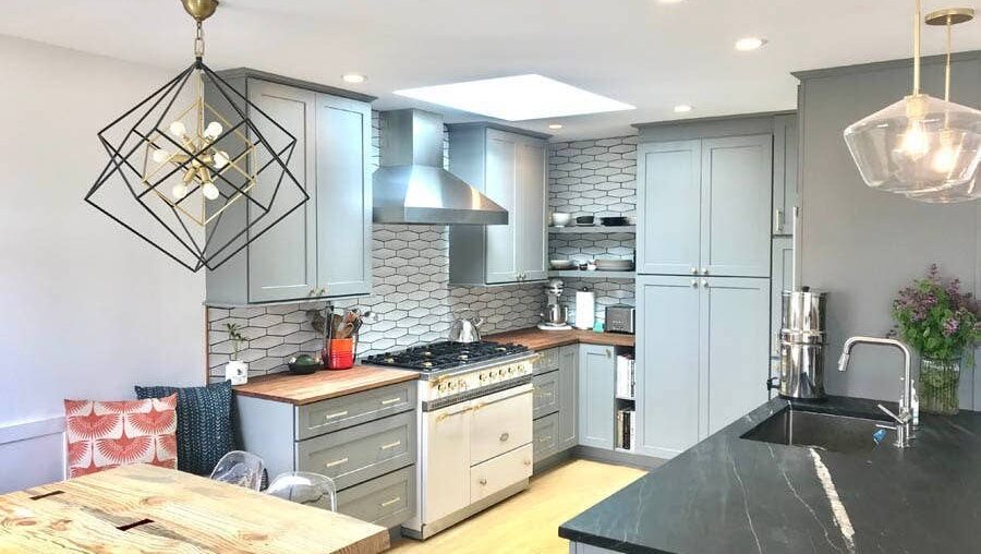 Massive kitchen designed by CliqStudios.com using gray blue/green cabinets and TWO islands!