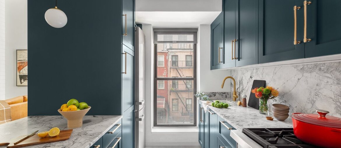 Narrow kitchen with a view in a Chelsea Duplex renovation, Manhattan, New York City [1855x1280]