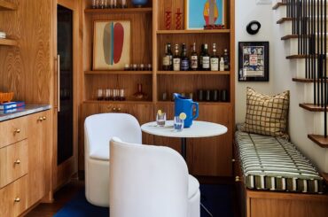 Bar space off the dining room with banquette seating in a renovated Nashville home, Tennessee [1311x1639]