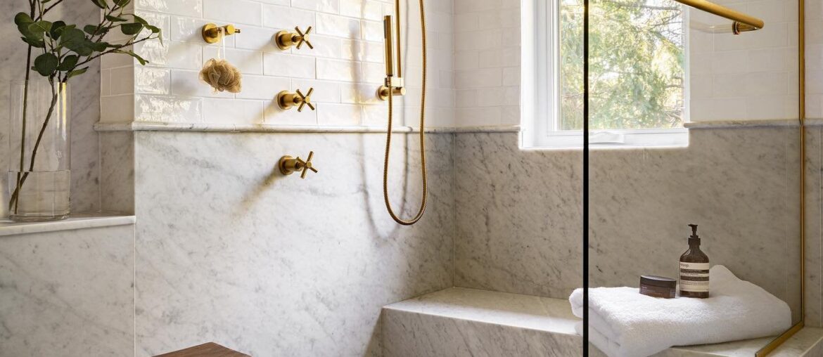 Marble and white subway tile-clad shower in a renovated ensuite bathroom, Ottawa, Ontario, Canada [1440x1799]