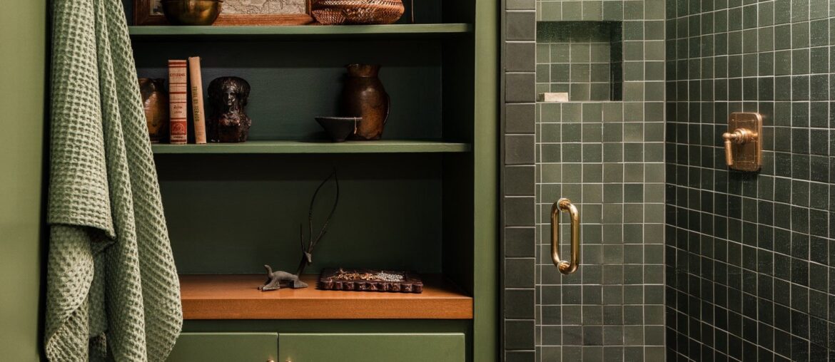 Master bathroom with a green-tiled shower in a renovated mid-century residence, Los Angeles [1608x2000]