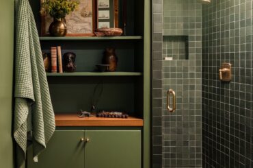 Master bathroom with a green-tiled shower in a renovated mid-century residence, Los Angeles [1608x2000]