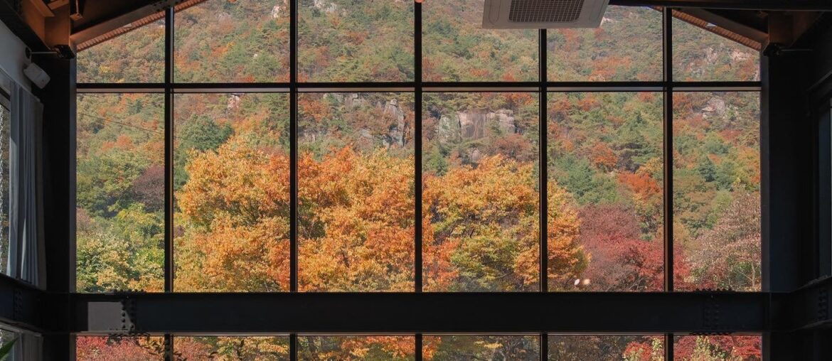 Vaulted ceiling cafe with a view of the autumn mountains, Jecheon, North Chungcheong Province, South Korea [1440×1800]