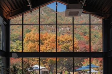 Vaulted ceiling cafe with a view of the autumn mountains, Jecheon, North Chungcheong Province, South Korea [1440×1800]