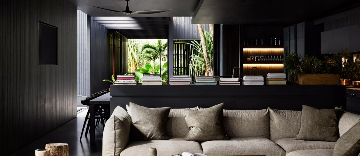 Dark themed Living Room and Kitchen [4229 x 2796] Noosa, Australia