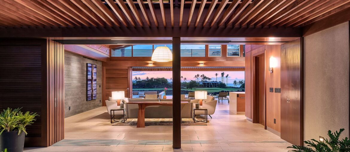 Looking right through this living room in Kona, Hawaii. Look at those massive pocket doors...[OC] 1981x1321