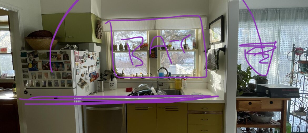 Redoing this little part of kitchen. Mostly because I want a bigger fridge. The plan is to move the fridge to the sunroom and extend the counter across the whole space. We plan to leave the space open under the counter for the trash. I would love a one piece stainless sink/counter combo.