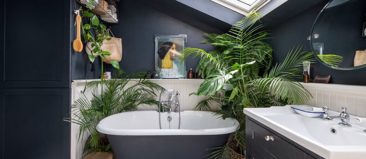 Upstairs bathroom with a skylight in a renovated 1900 worker’s cottage, Wanstead, East London, UK [4128x2752]