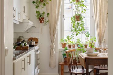 Checkerboard floor kitchen full of houseplants in a one-bedroom apartment, Hornstull, Södermalm, Stockholm, Sweden [1875x2500]