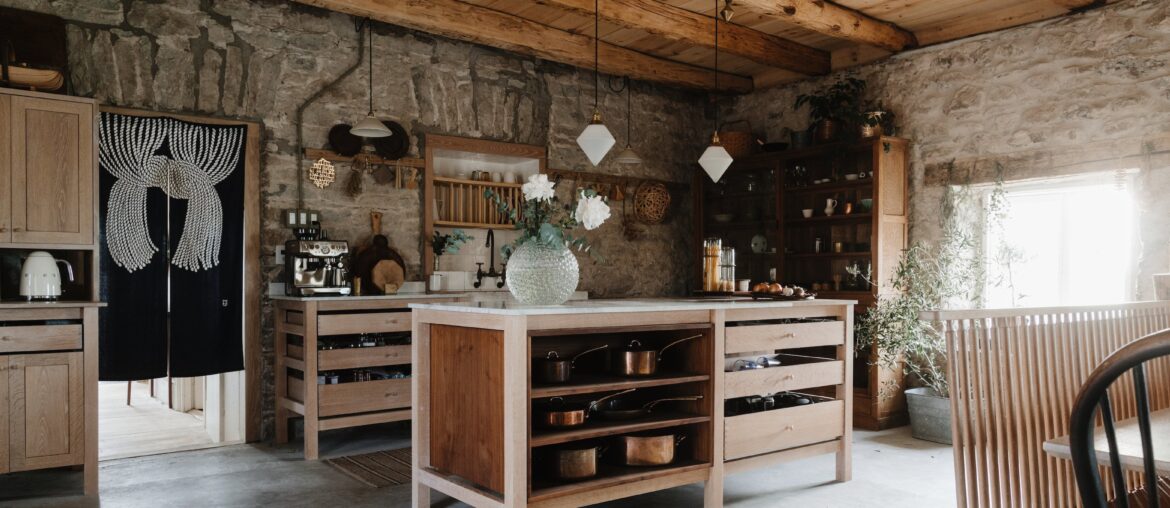 Kitchen with stone walls in a renovated 170-year-old Georgian-style farmhouse, Stirling, Hastings County, Ontario, Canada [3120x2080]