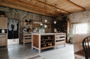 Kitchen with stone walls in a renovated 170-year-old Georgian-style farmhouse, Stirling, Hastings County, Ontario, Canada [3120x2080]