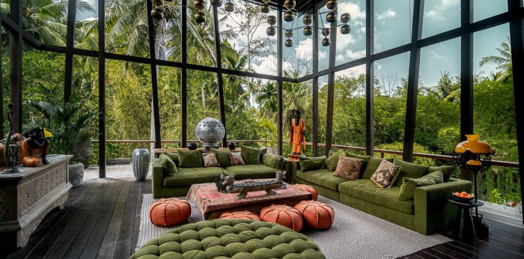 Living room with floor to ceiling glass walls in dragon house [1024 x 683] Ubud, Bali