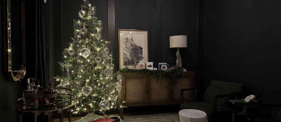 Tinsel tree in my moody office / cocktail room. Can’t wait for a winter snowfall to sip some bourbon and just be cozy. [OC] 6048×8064]