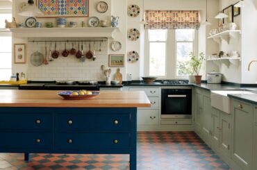 Kitchen with a checkerboard terracotta floor in a renovated 1890s Victorian country house, North York Moors, Yorkshire, England [2636x3440]