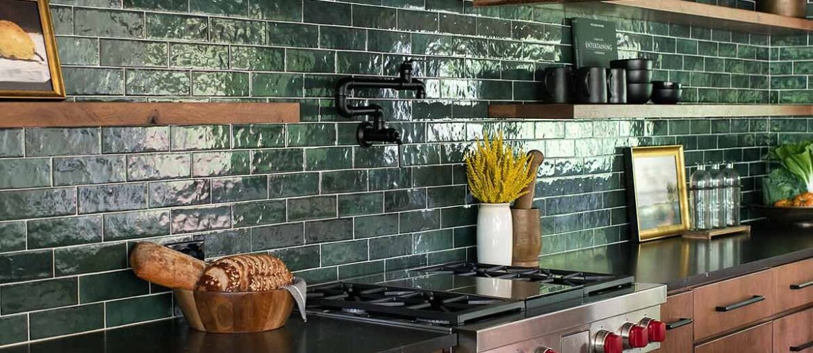 Kitchen renovation with green glazed ceramic tile full-wall backsplash and stained wood cabinetry, Atlanta, Georgia [1198x1800]
