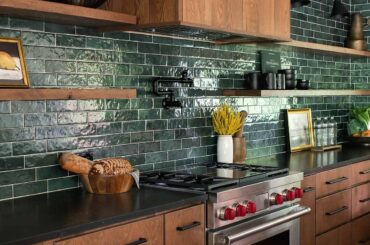 Kitchen renovation with green glazed ceramic tile full-wall backsplash and stained wood cabinetry, Atlanta, Georgia [1198x1800]