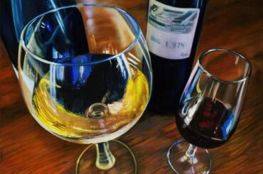 Entre Amigos 1| Original Mixed Media Painting Size: 20 x 16 IN (50.8 x 40.64 CM) The wine is done in acrylic pouring and the rest is done in traditional oils. Love painting about wine 🍷 😍