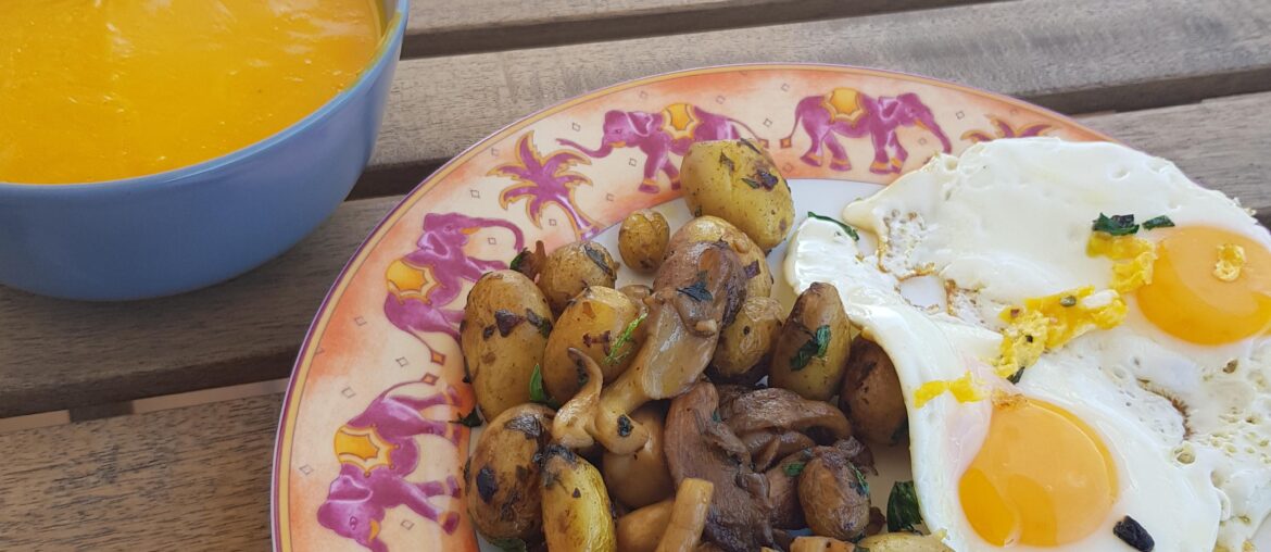 Velouté de potimarrons du potager, poêlée de pommes de terres (du potager aussi) et pleurotes